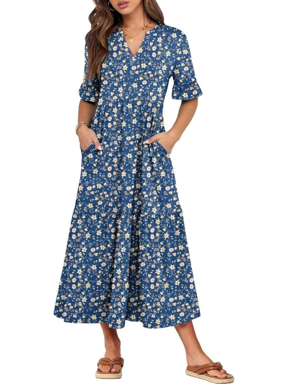 Women's Blue Floral Short Sleeve Maxi Dress V-Neck Tiered with Pockets Dresses